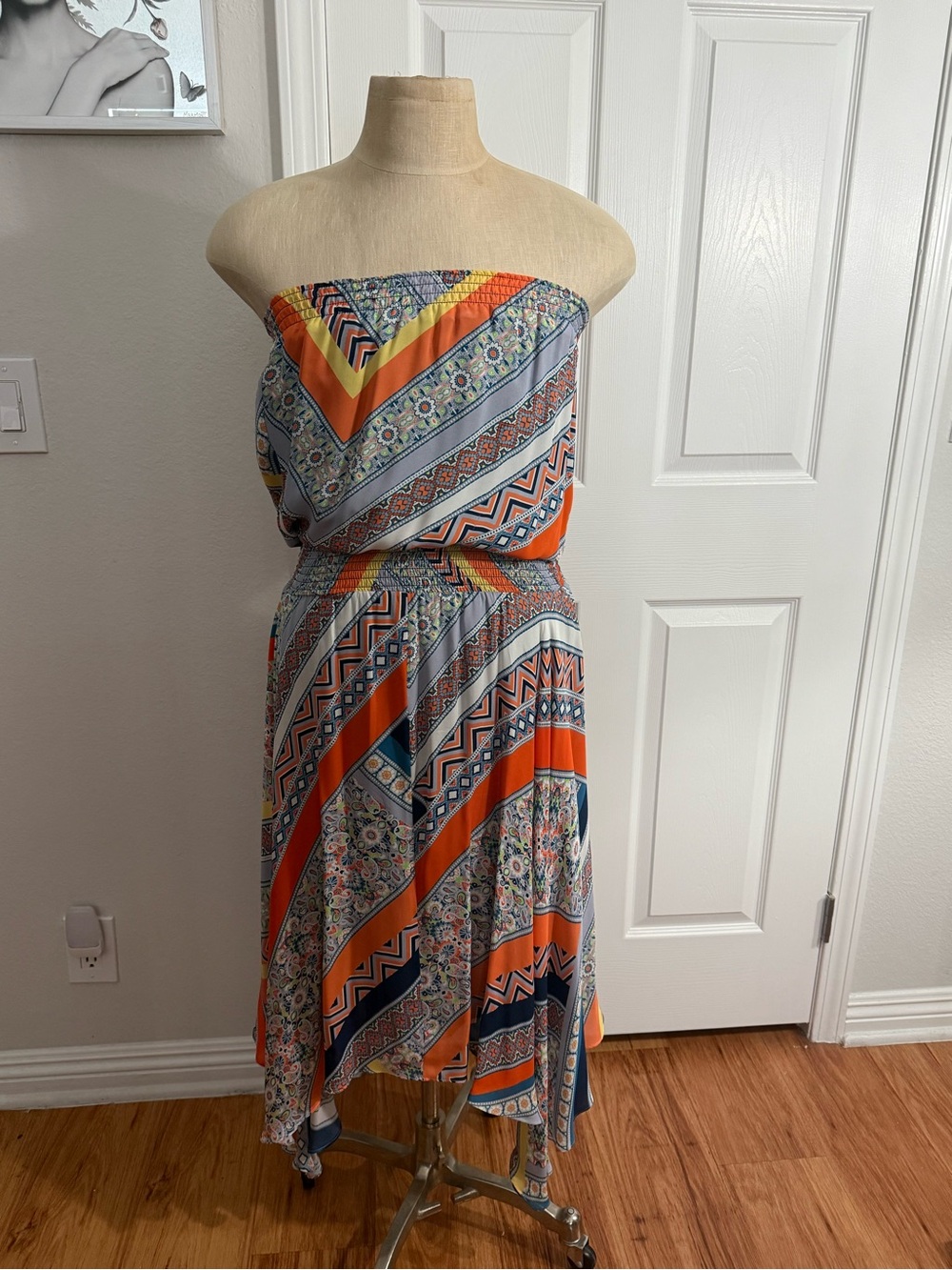 Ramy Brook Strapless Orange & Multicolor Printed Midi Dress Sz L